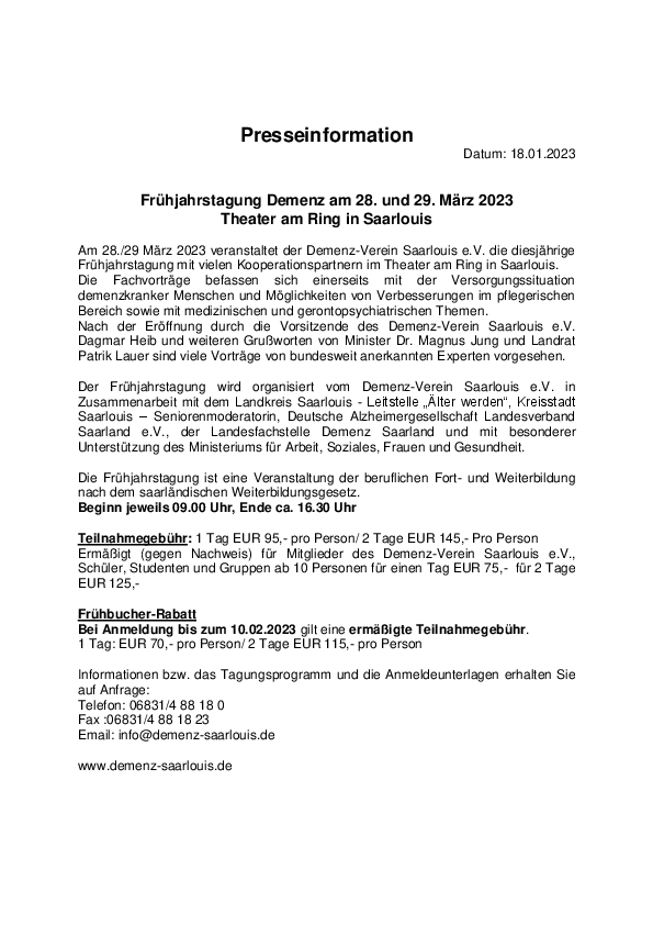 18. Januar 2023 | Frühjahrstagung Demenz am 28. und 29. März 2023